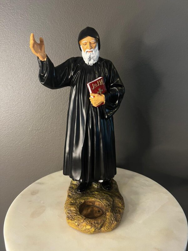 Polyresin Saint Charbel coloured statue holding an Arabic Bible